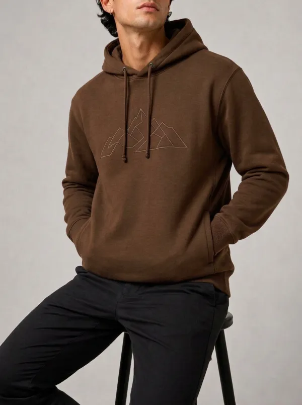 Men's Mountain Line Art Graphic Pullover Ribbed-Cuff Metal-Aglet Drawcord Center-Chest Detail Hoodie