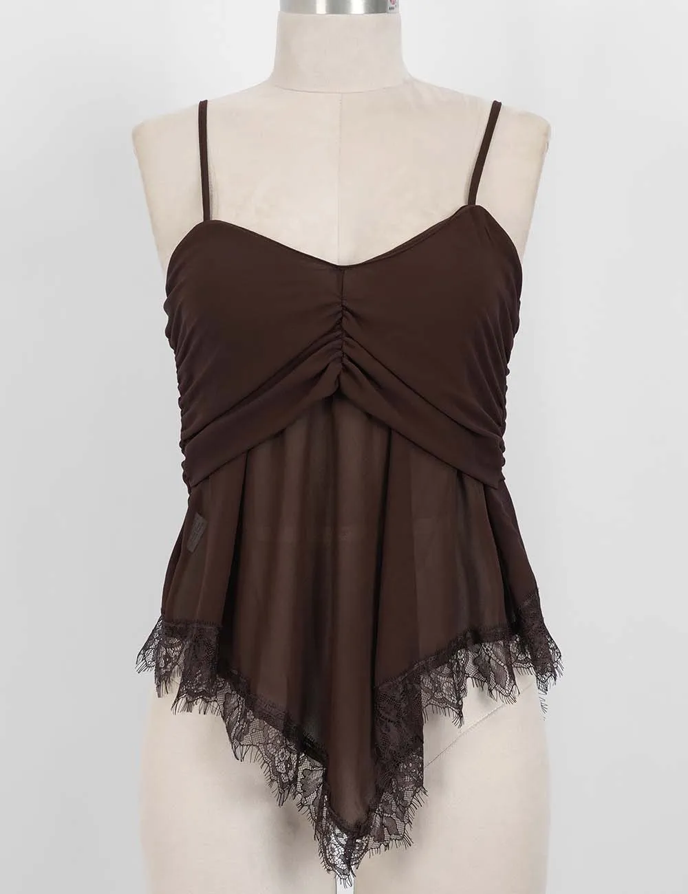 Sheer Mesh Lace Hem Spaghetti Strap Cami Top