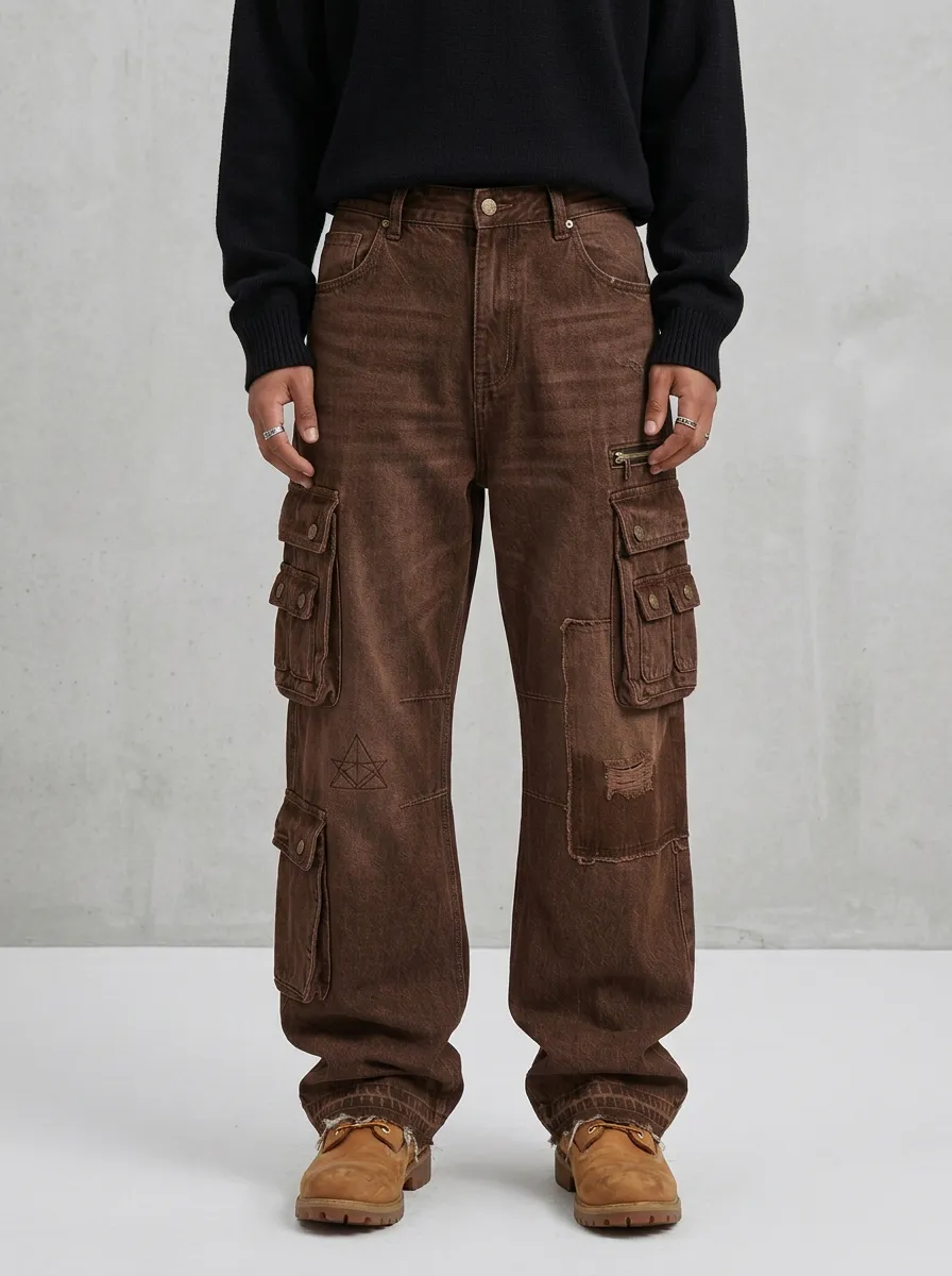 Men's Geometric Graphic Distressed Patchwork Cargo Jeans