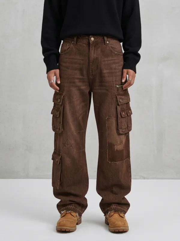 Men's Geometric Graphic Distressed Patchwork Cargo Jeans