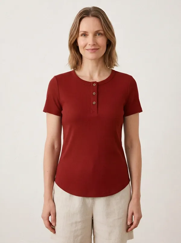 Women's Olive Green Ribbed Button Front Henley Shirt