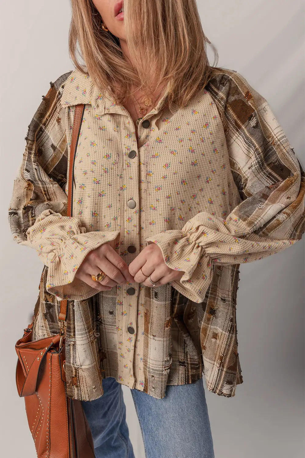 Women's Boho Floral Plaid Patchwork Distressed Detail Ruffled Sleeve Waffle Knit Shacket