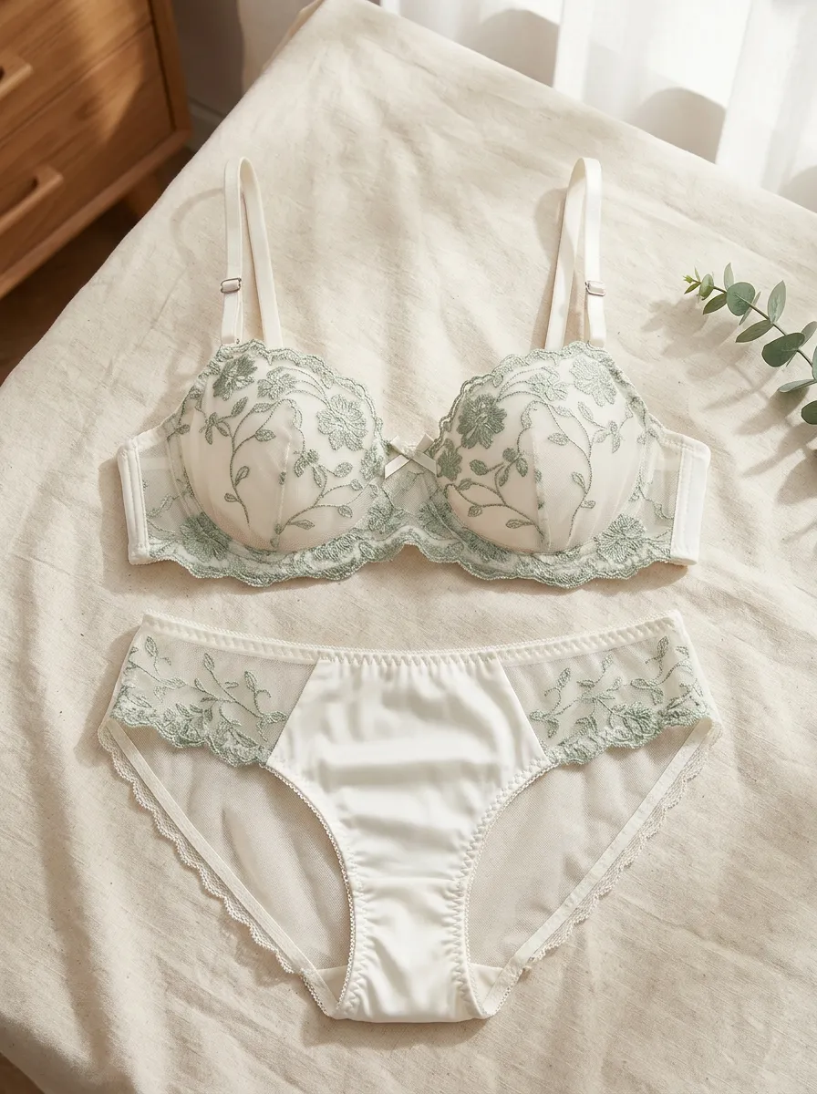 Women's Floral Embroidery Sheer Mesh Panel Detail Lingerie Set