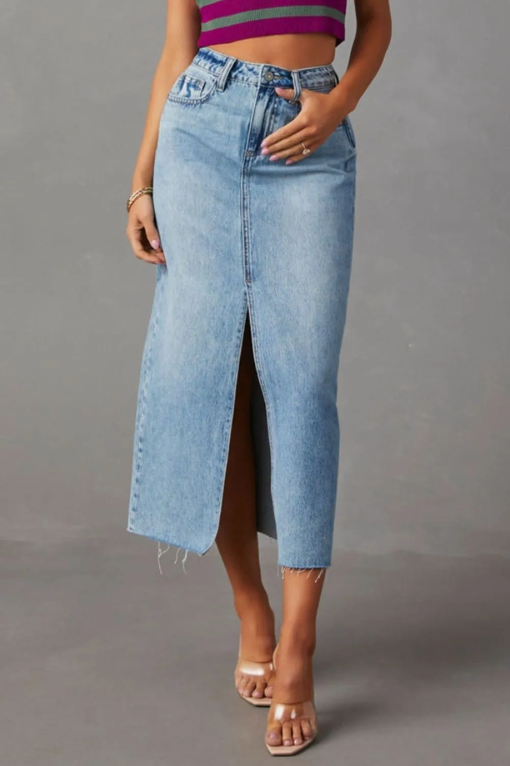 Gentle Button Front Denim Detail Skirt