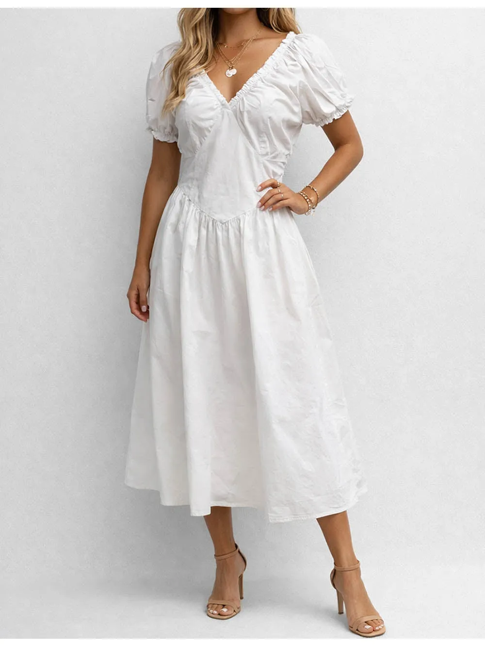 V Neck Ruched Short Sleeves Midi Dress