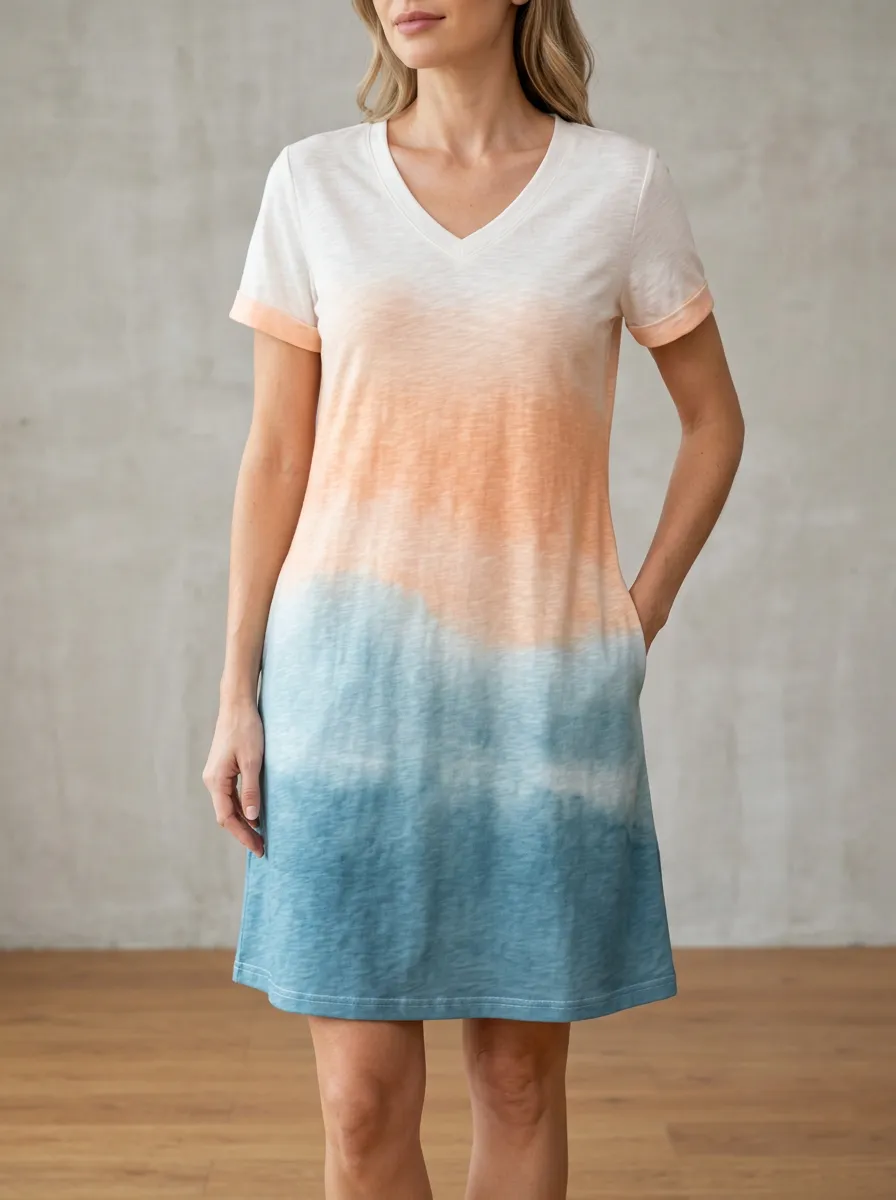 Women's Casual Summer V-Neck Ombre Tie-Dye Printed Dress