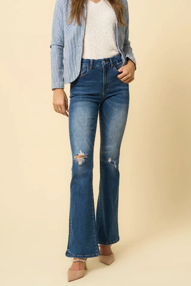 Women's High Rise Distressed Flare Comfort Stretch Denim Jeans