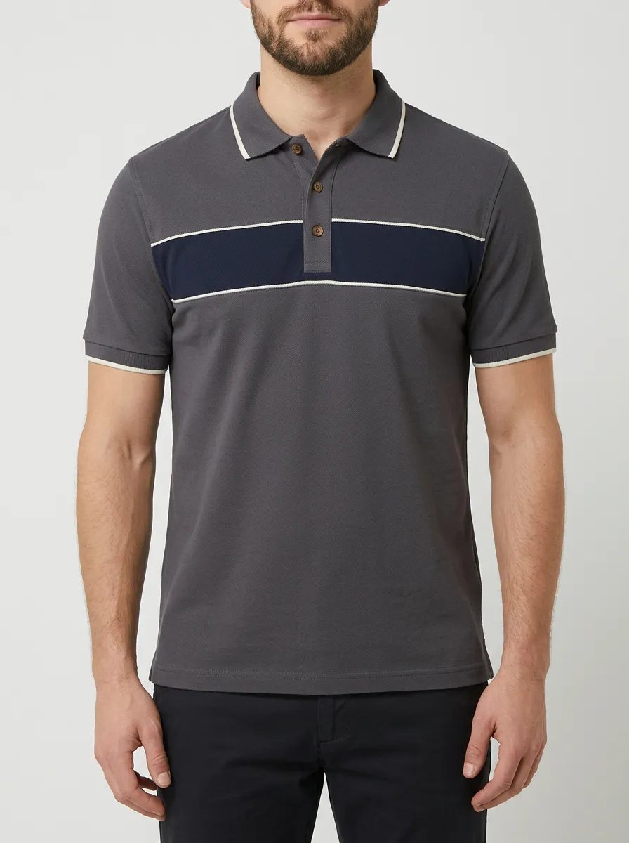 Men's Casual Navy Striped Colorblock Printed Polo Shirt