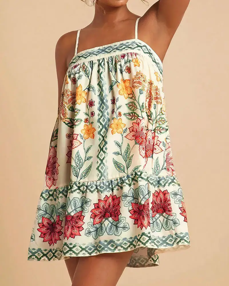 Boho Floral Print Slip Mini Dress