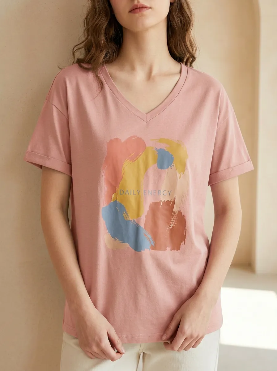 Women's Daily Energy Abstract Brushstroke Printed V-Neck T-Shirt