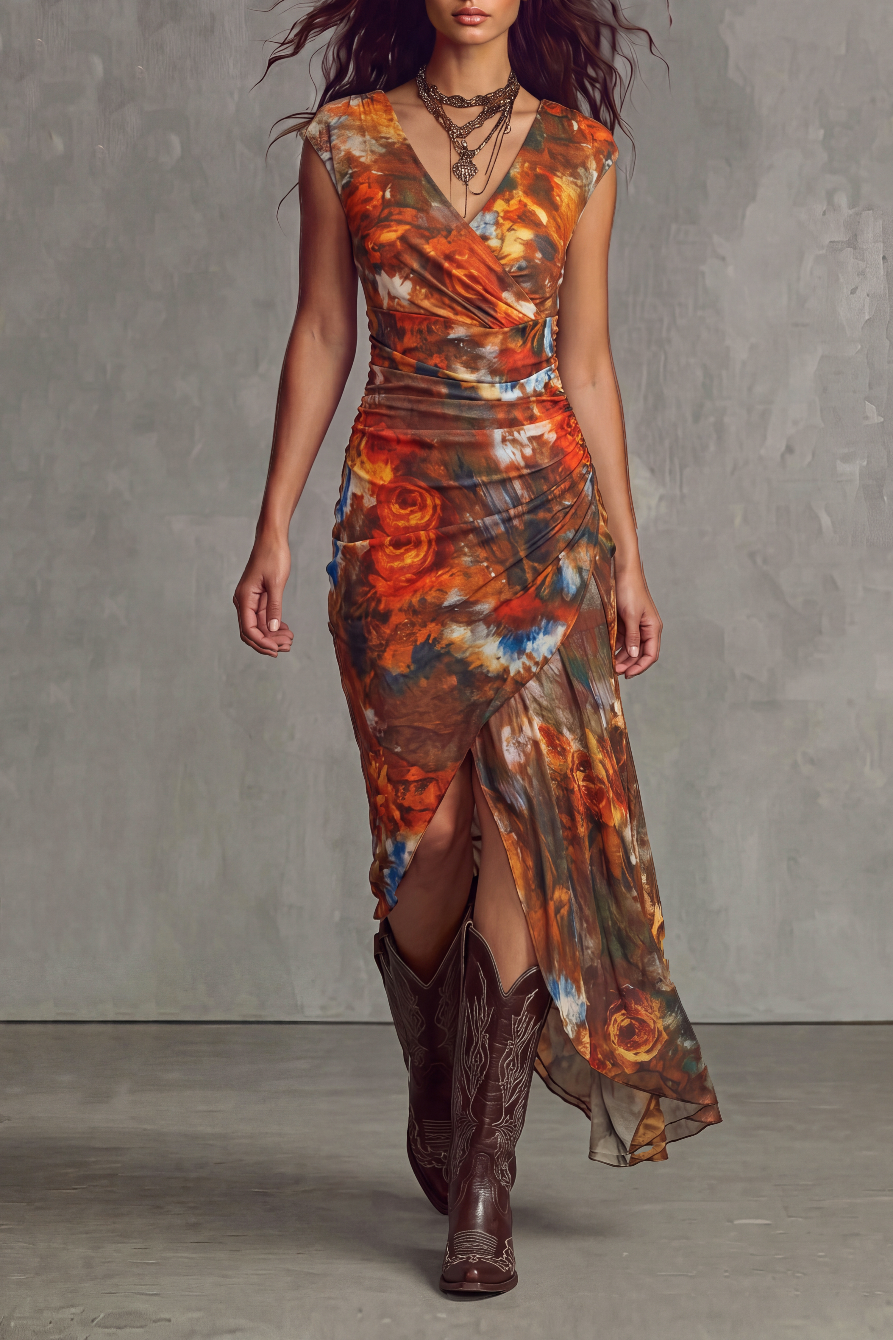 V Neck Ruched Floral Midi Dress