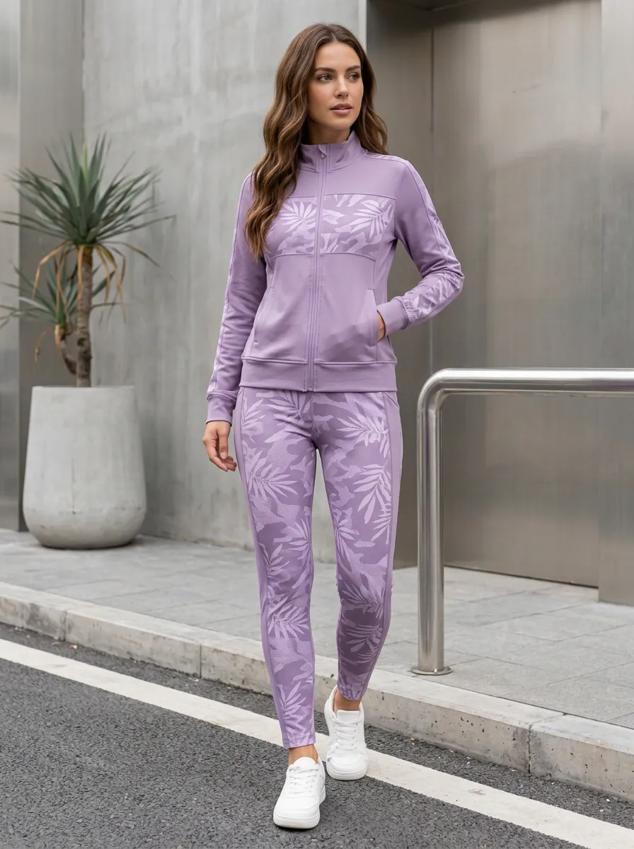 Women's Tropical Leaf Printed Zip-Up Two-Piece Set