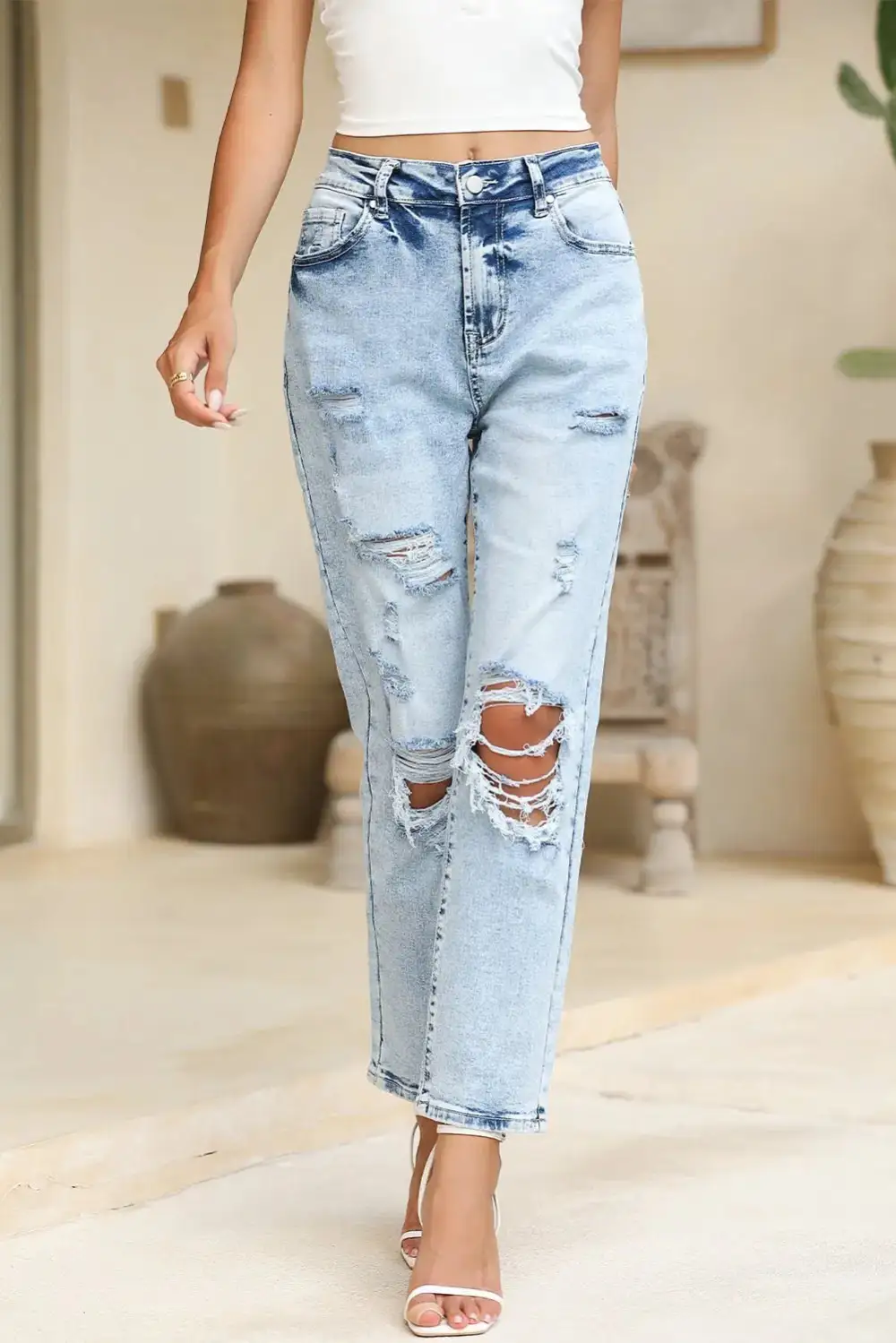 High Waist Distressed Frayed Hem Casual Jeans