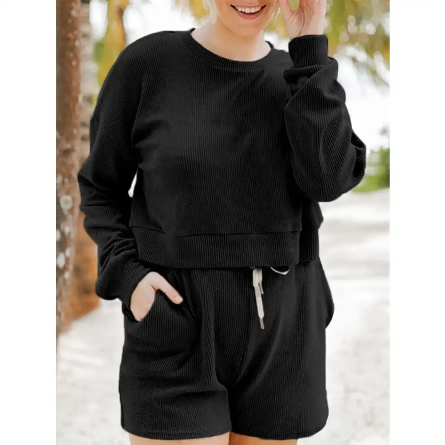 Ribbed Round Neck Long Sleeve Top and Shorts Set