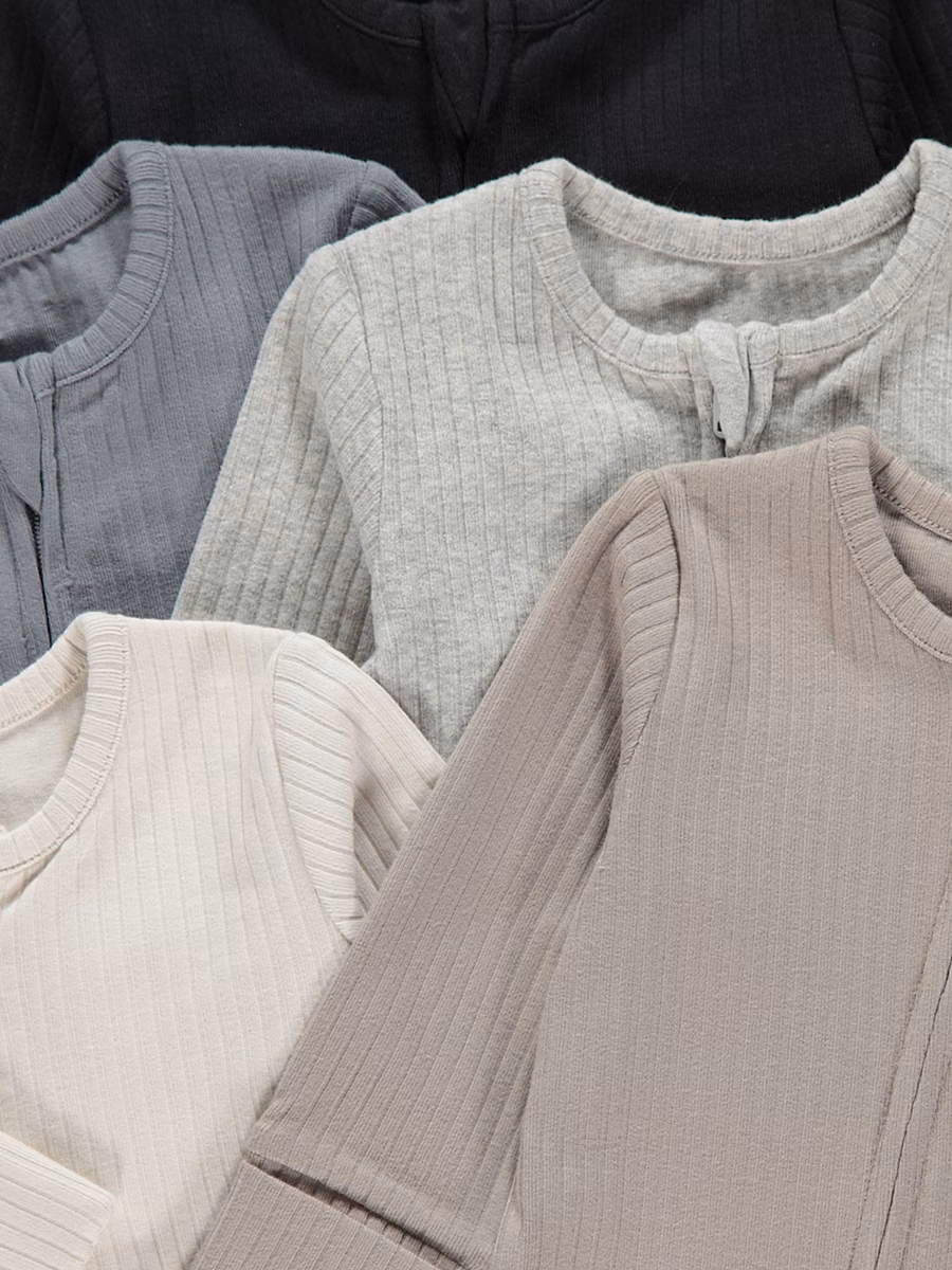 Neutral Ribbed Zip Fasten Sleepsuits 5 Pack detail 1