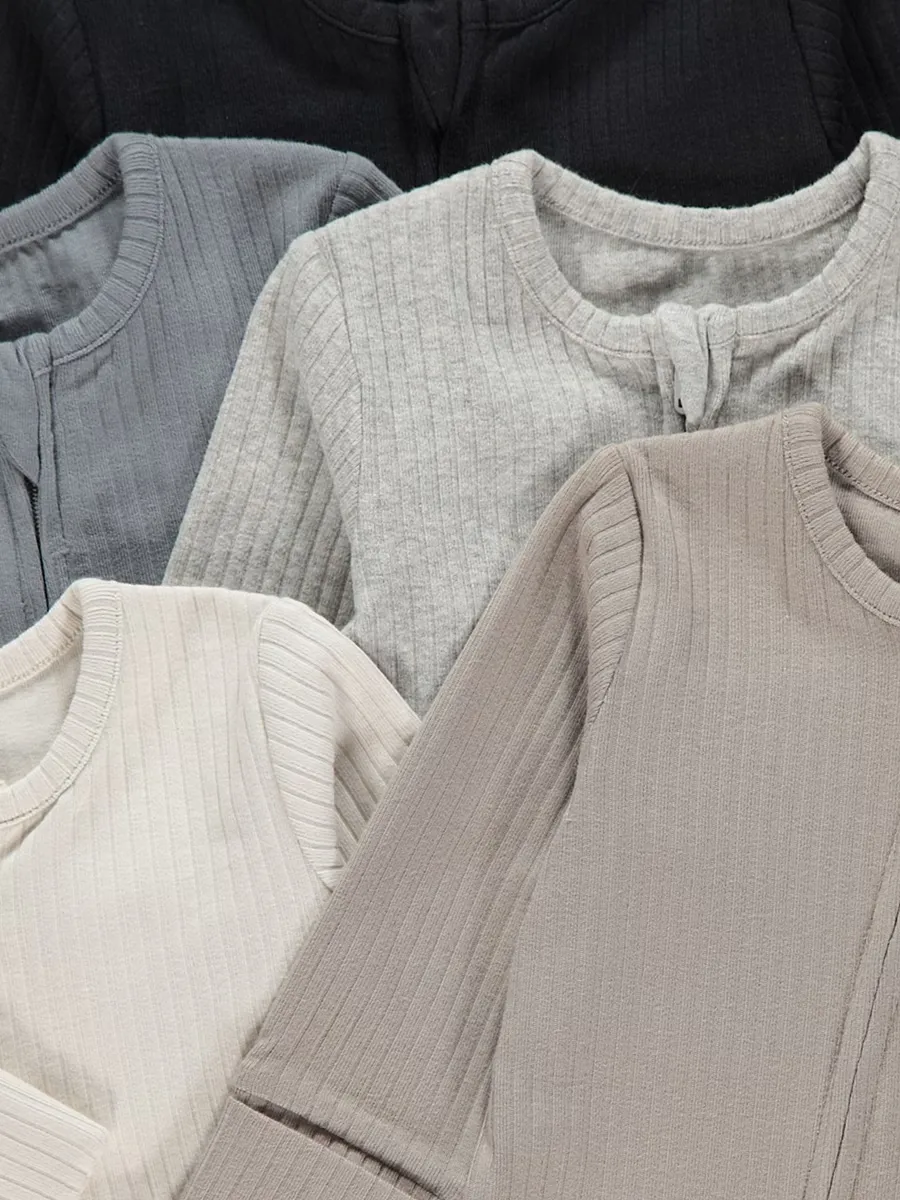 Neutral Ribbed Zip Fasten Sleepsuits 5 Pack