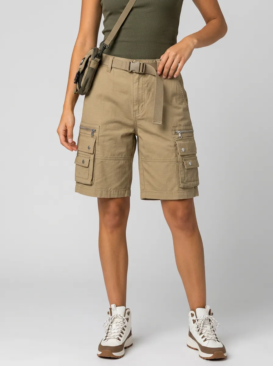 Women's Outdoor Hiking Khaki Multi-Pocket Cargo Shorts