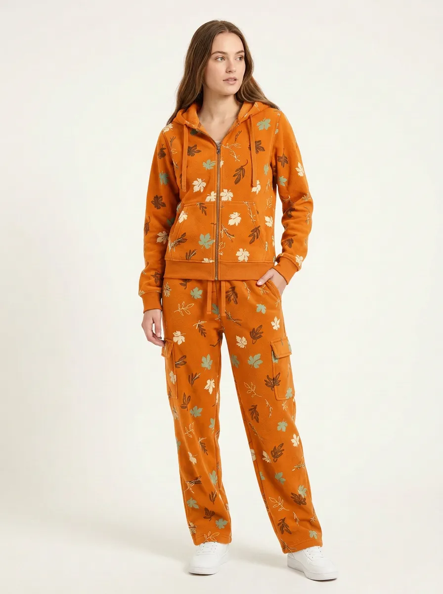 Women's Leaf Print Zip-Up Hoodie And Cargo Jogger Set