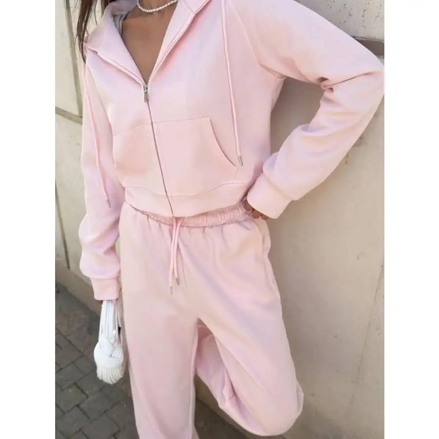 Zip Up Drawstring Hoodie and Pants Set