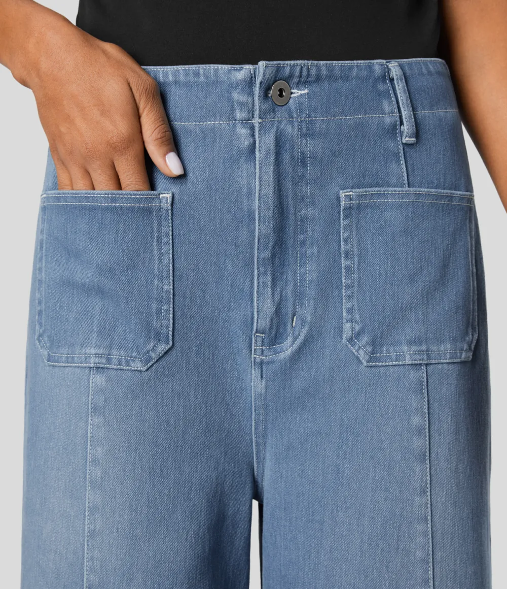 Magic High Waisted Front Pockets Washed Stretchy Knit Casual Wide Leg Jeans