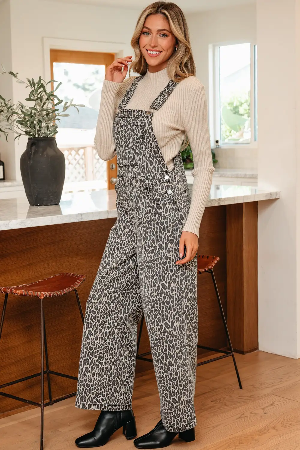 Leopard Print Straight Leg Loose Overall Denim Pants