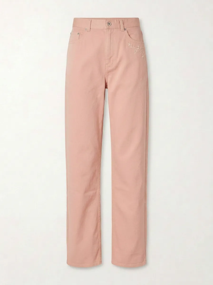Women's Floral Embroidery Beige Mid-Rise Straight Leg Pants