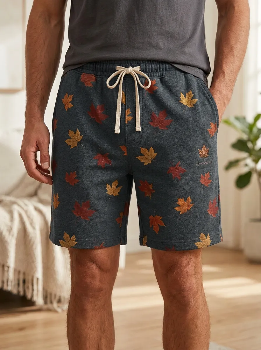 Maple Leaf Print Lounge Drawstring Shorts