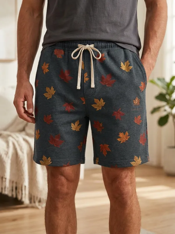 Maple Leaf Print Lounge Drawstring Shorts