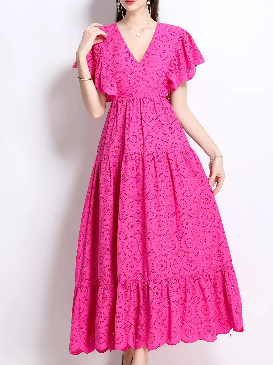 Layered Embroidered V Neck Maxi Dress
