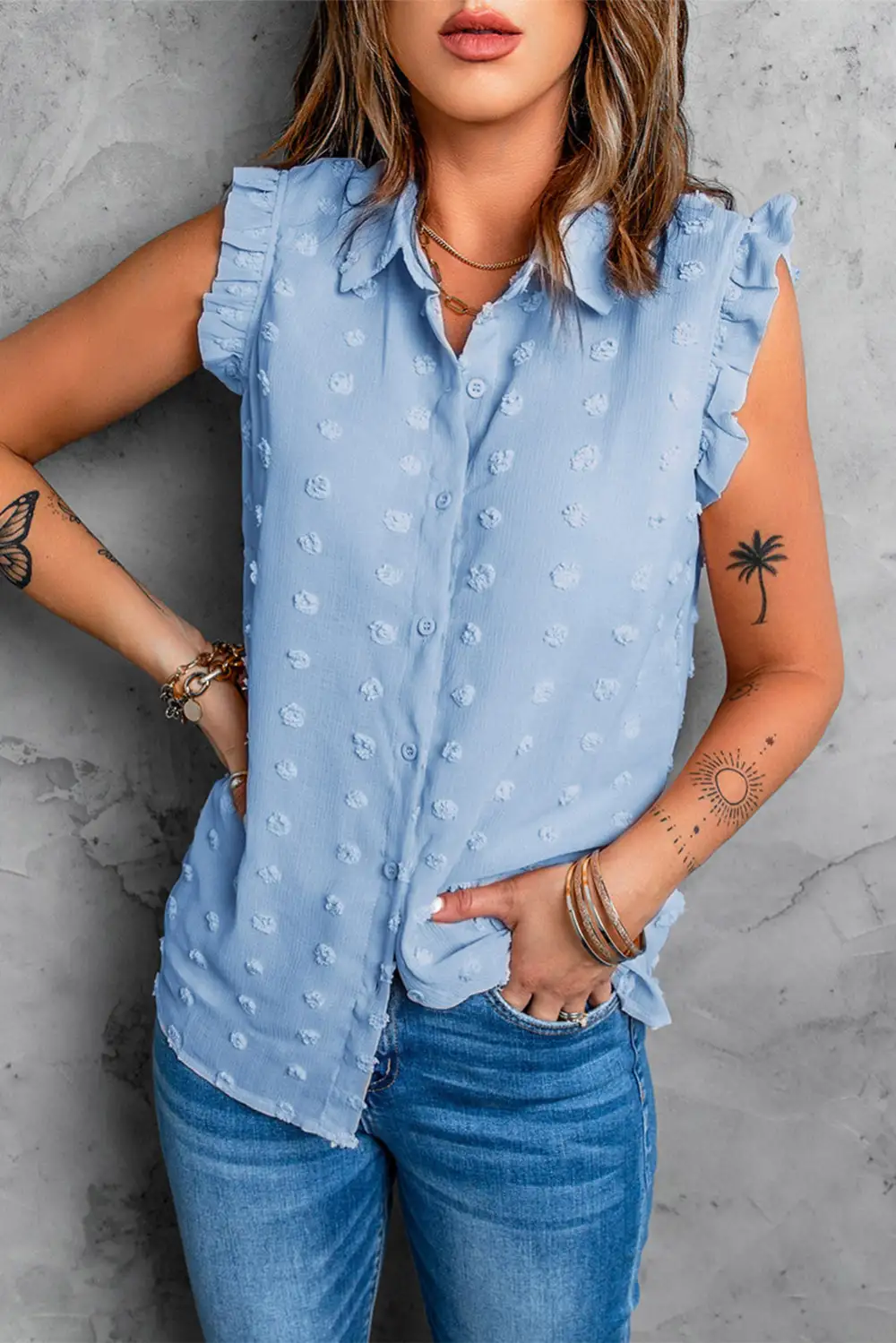 Turn-down Collar Ruffle Polka Dot Tank