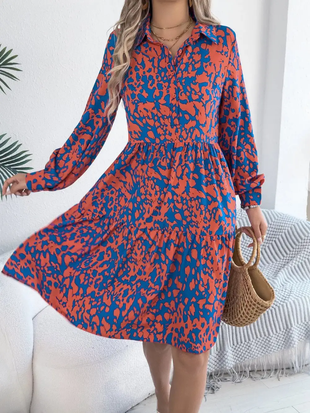 Printed Long Sleeve Collared Dress Casual