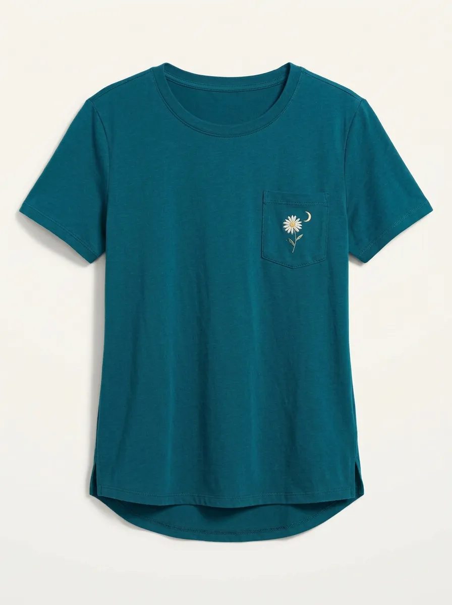 Women's Celestial Daisy Moon Embroidered Pocket Crewneck T-Shirt