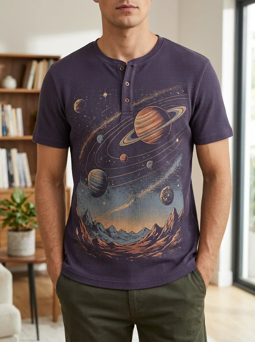 Men's Space Astronomy Saturn Planet Mountain Printed Henley T-shirt