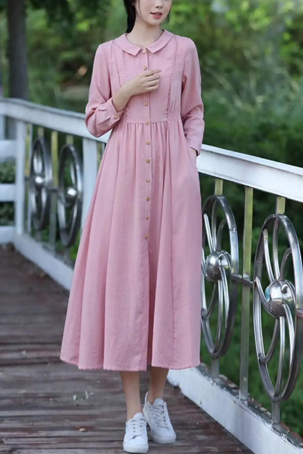 Linen Cotton Fit And Flare Lapel Collar Long Sleeve Midi Dress