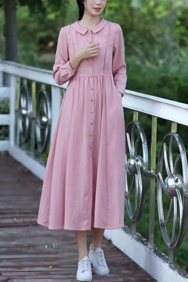 Linen Cotton Fit And Flare Lapel Collar Long Sleeve Midi Dress