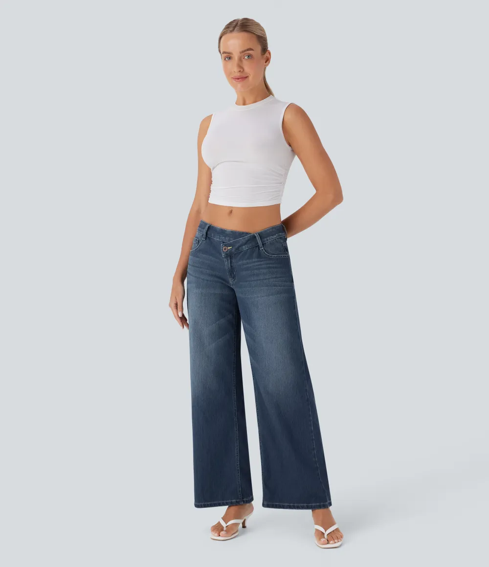 Asymmetric Low Rise Zipper Pockets Baggy Wide Leg Washed Casual Jeans