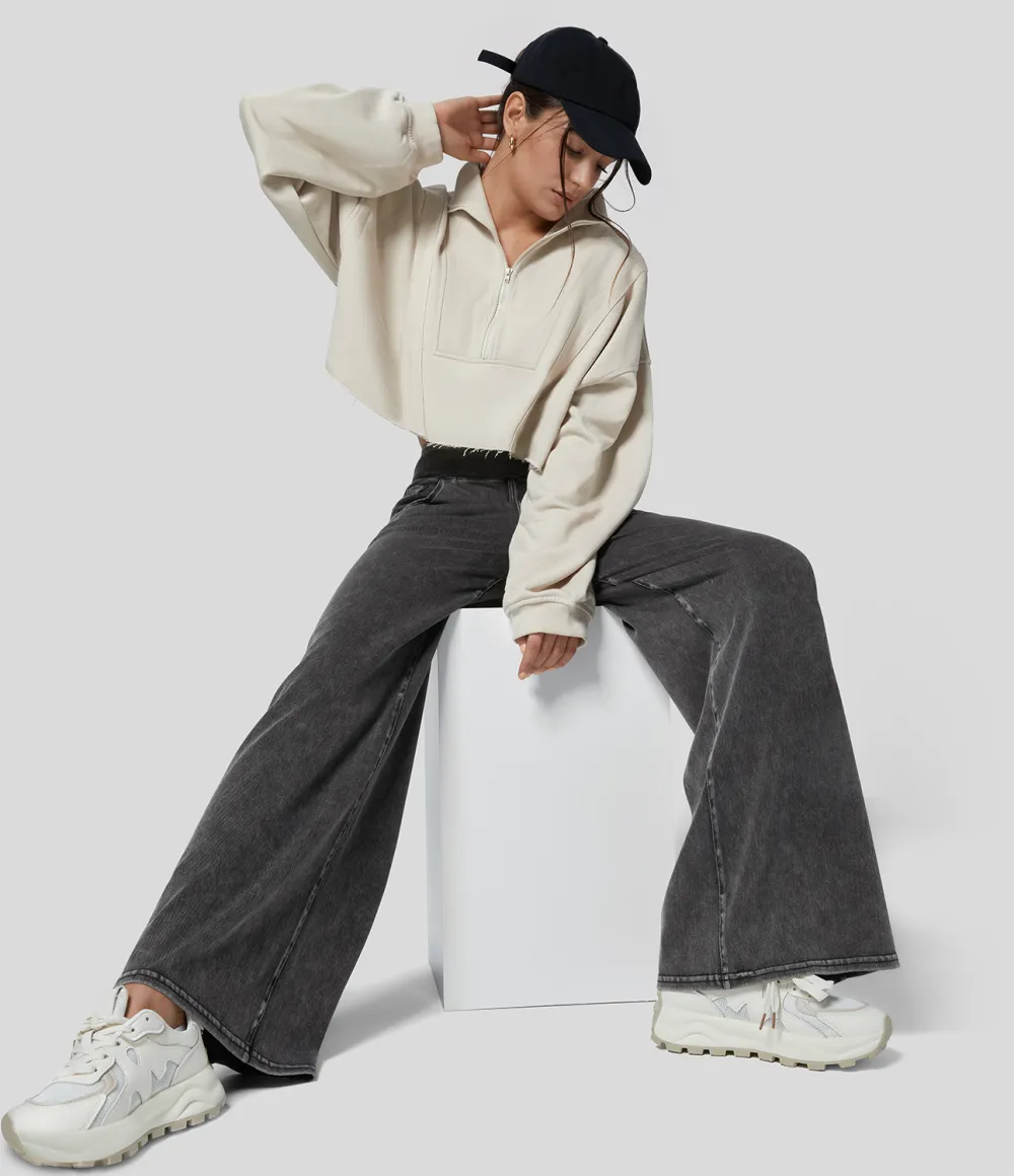 Magic High Waisted Multiple Pockets Wide Leg Loose Stretchy Knit Work Jeans