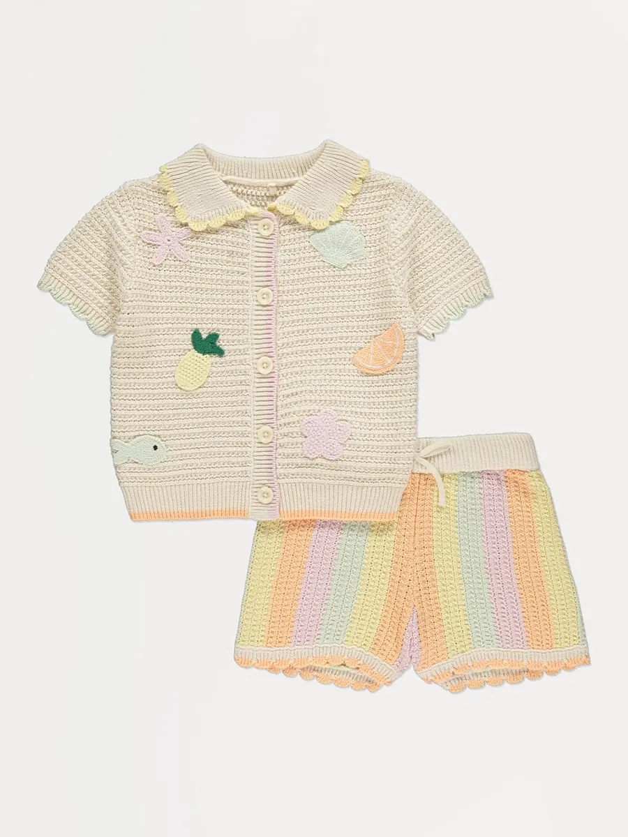 Cream Fruity Knitted Top and Shorts Set