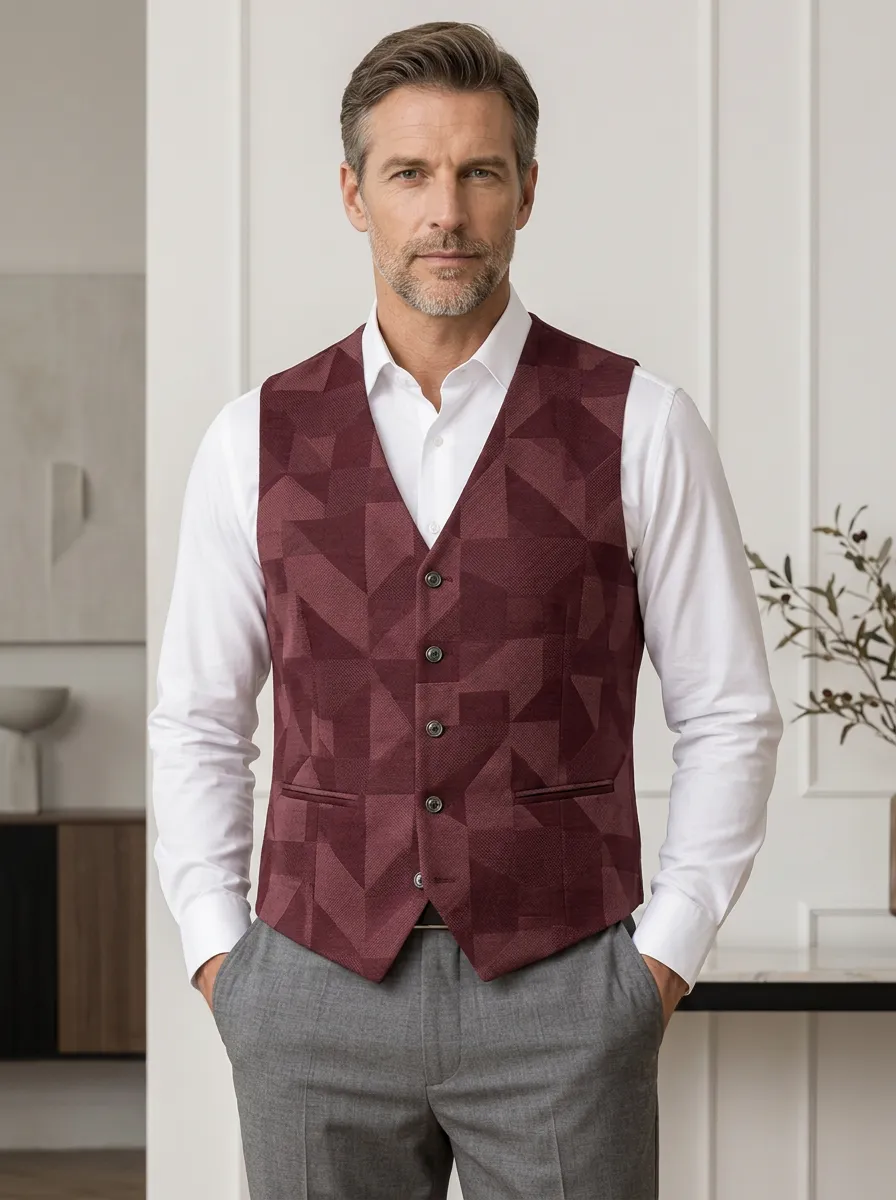 Men's Geometric Pattern Burgundy Printed Waistcoat Vest