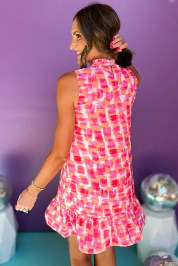 Abstract Print Frilly Neck Sleeveless Mini Dress