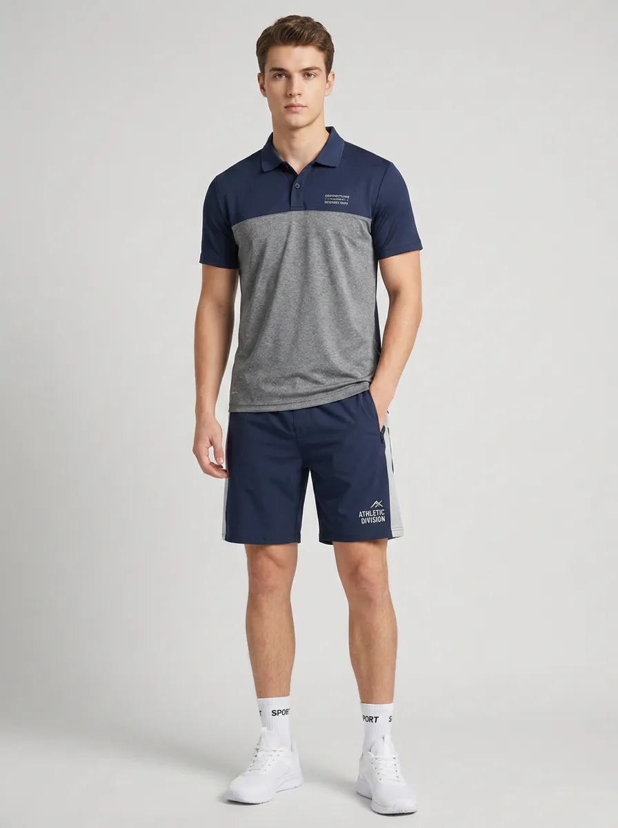 Men's Athletic Division Colorblock Printed Polo Shirt and Shorts Set
