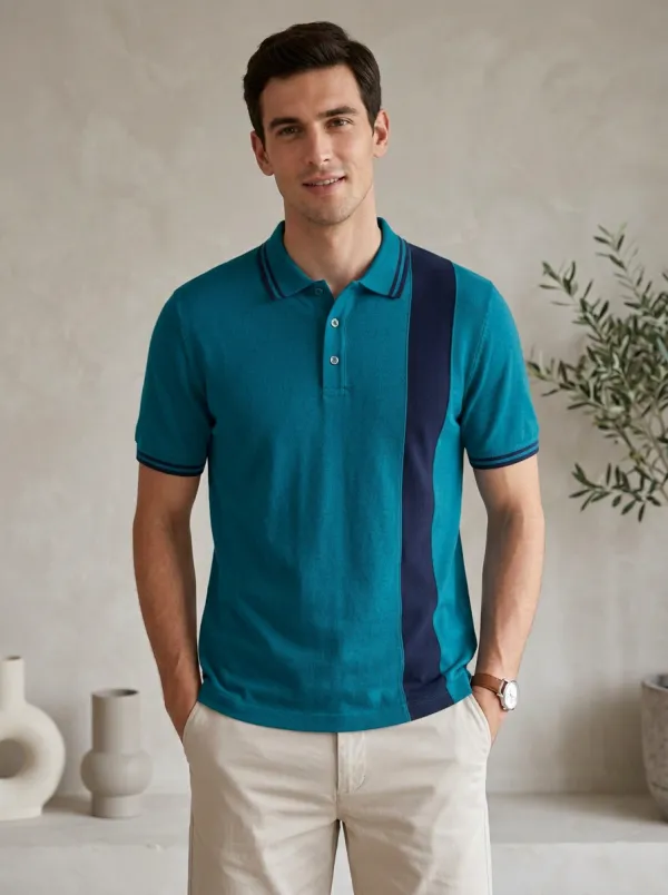 Men's Casual Grey Navy Vertical Stripe Polo Shirt