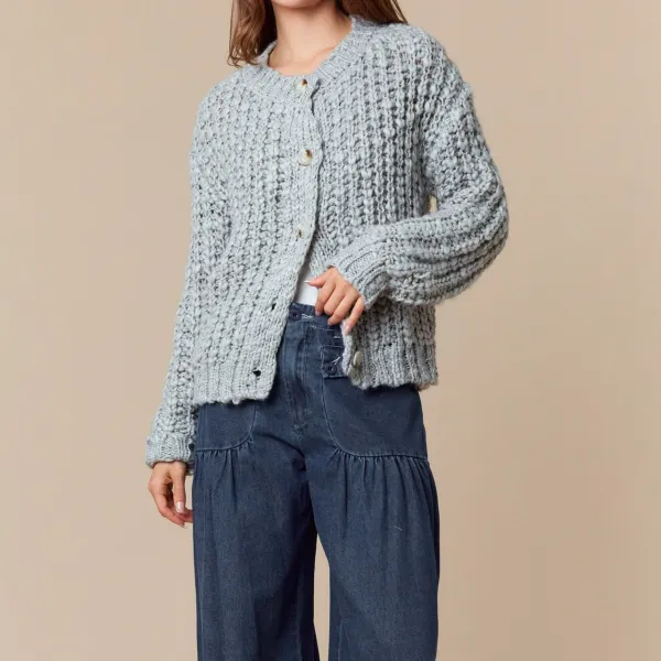 Modern Chunky Knit Button Front Dropped Shoulder Cardigan