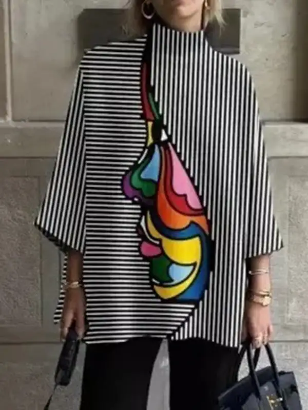 Relaxed Three Quarter Sleeves Figure Print Panel Detail Stripe Stand Collar T-Shirt