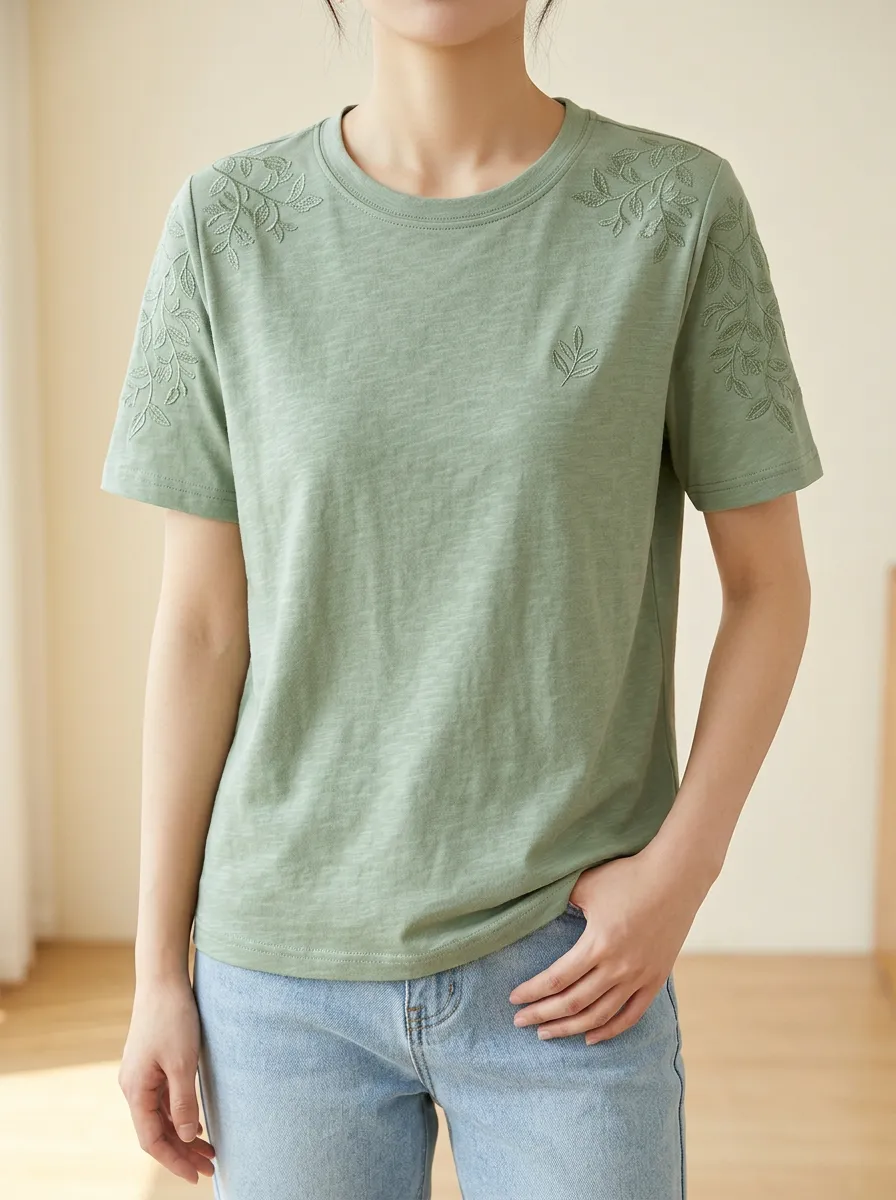 Casual Style Embroidered Detail Ribbed Texture Women's Short Sleeve Tee