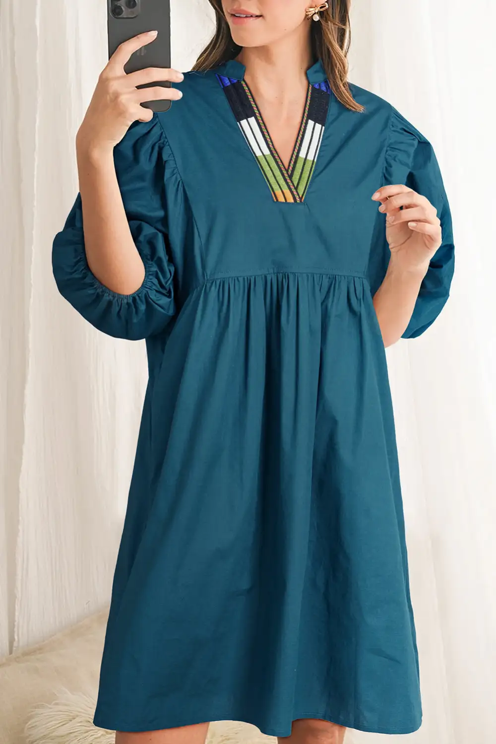 V-Neck Puff Sleeve Mini Dress