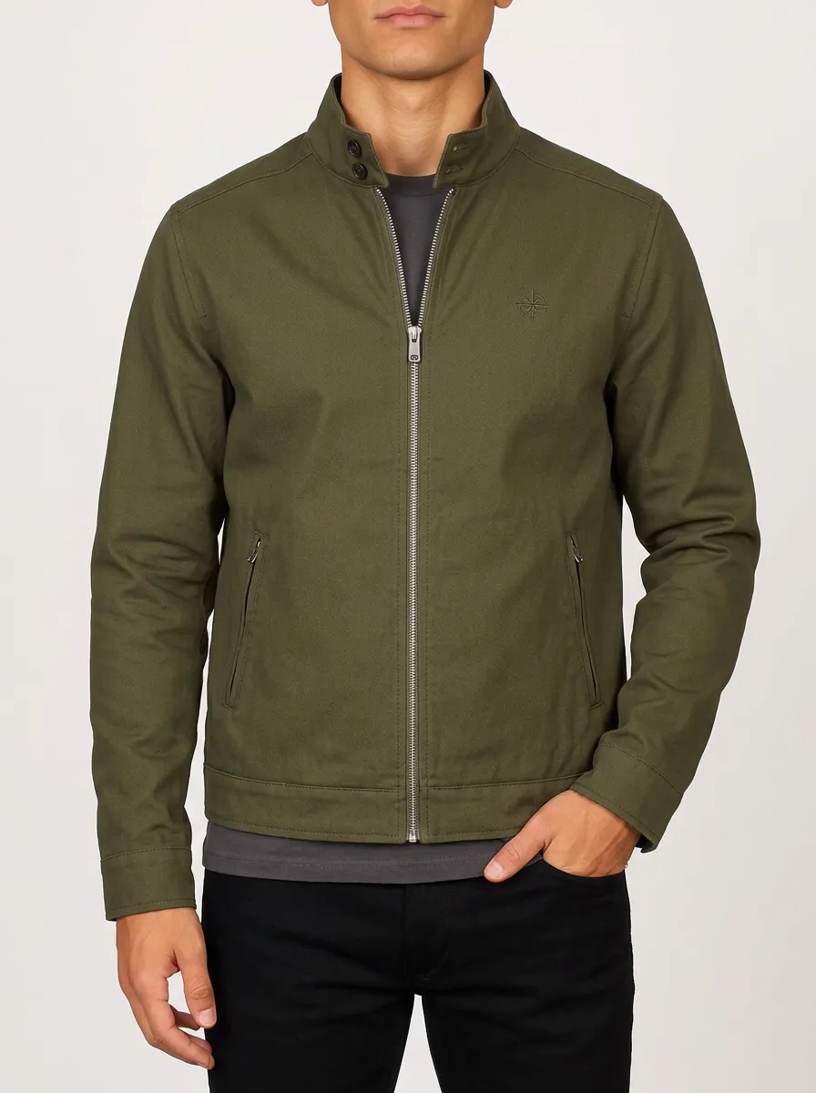Men's Olive Green Compass Logo Embroidered Zip-Up Jacket