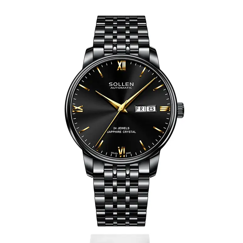Sollen 9020 Automatic Watch - Men's Dual Calendar Sunray Dial Executive Stainless Steel Bracelet or Genuine Leather Strap Wristwatch