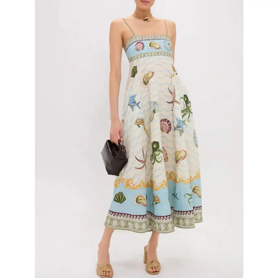 Ocean Print Spaghetti Strap Midi Dress