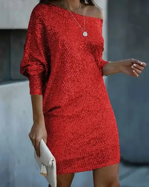  Sequin One Shoulder Midi Evening Dress